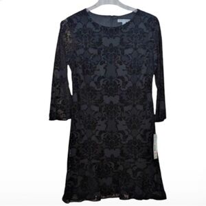 Madison Leigh Flocked Deep Black Lace 3/4 Bell Sleeve Shift Dress Size 14